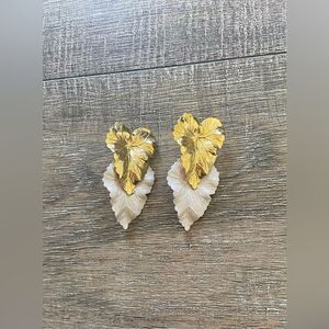 Women’s vintage gold and white color large leaf dangle earrings, 90’s, y2k